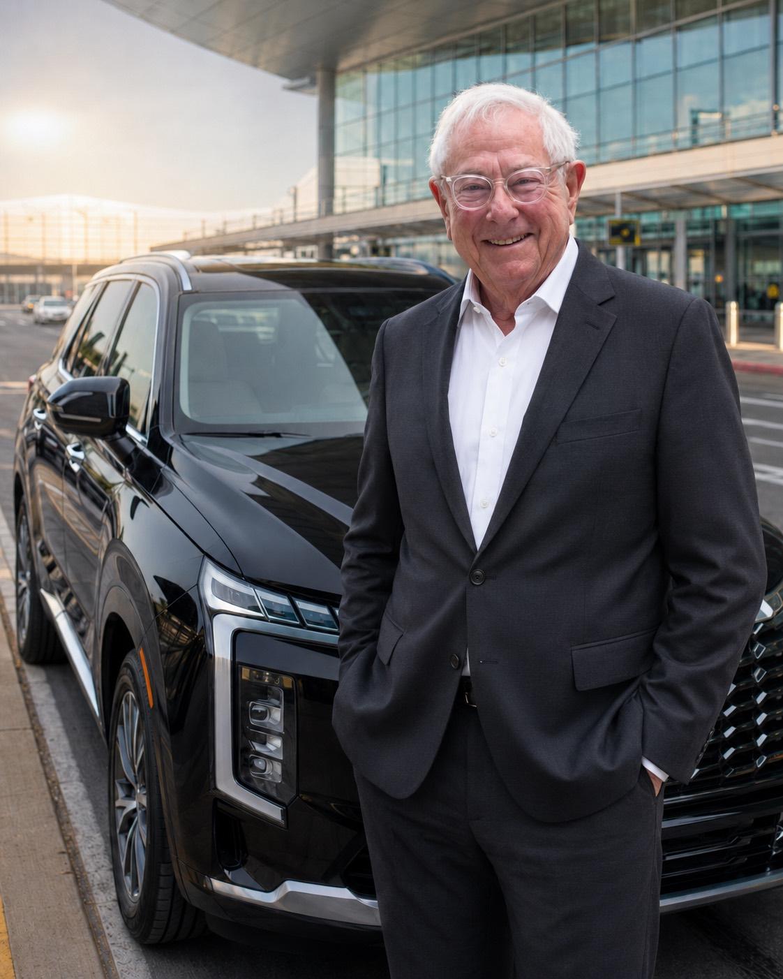 Louis Van Leeuwen at the airport in a suit next to the LVL Car Service SUV